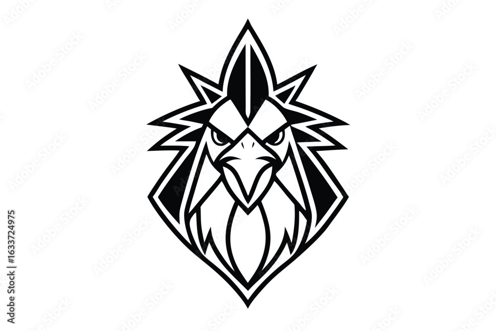 Obraz premium Striking rooster head with sharp feathers and piercing gaze in black outlines creates impact