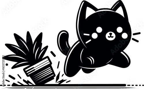 Mischievous Black Cat Knocking Over Potted Plant