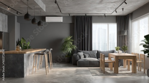 Modern loft interior with grey tones and wooden accents
