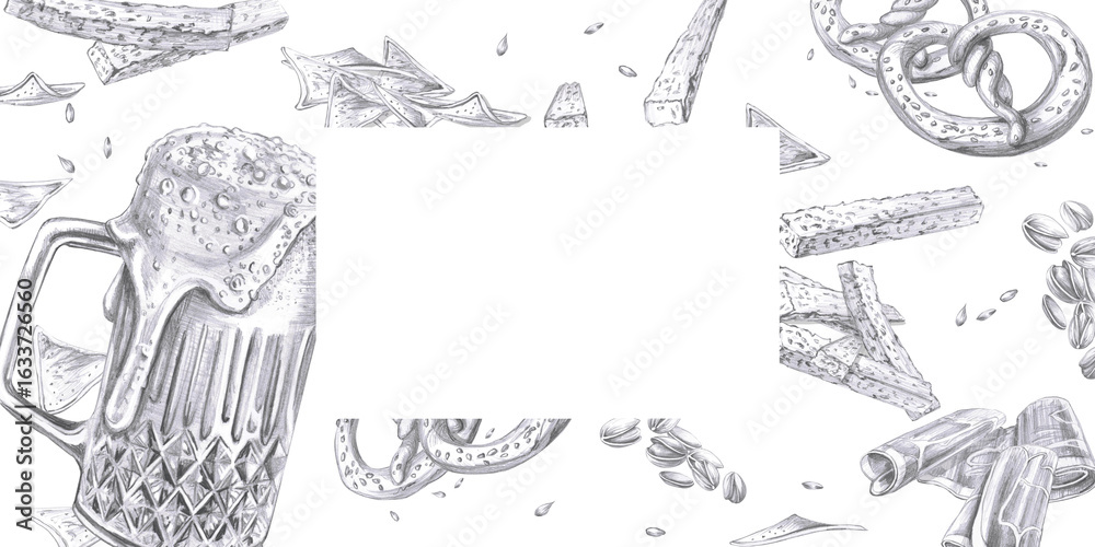 Fototapeta premium Rectangular frame with a glass of beer and various snacks. Isolated pencil illustration in a realistic style for the design of fairs, beer festivals, bars, interiors, menus.