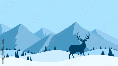 Wildlife landscape illustration with reindeer and winter mountain