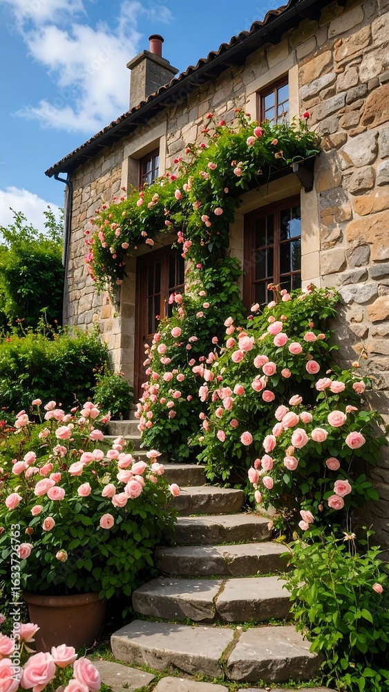 Fototapeta premium Quaint stone cottage, climbing roses
