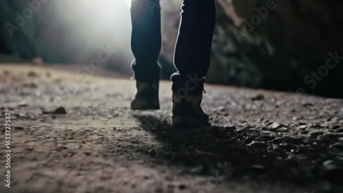 Person walking through dark path low angle view adventure concept