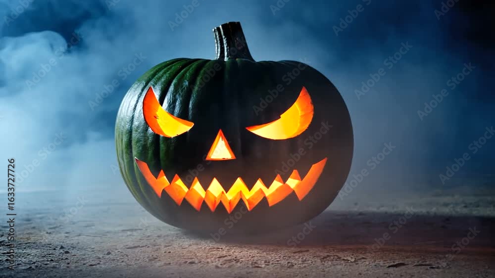 Spooky Halloween pumpkin with glowing face in a misty background, perfect for festive decorations Spooky Halloween pumpkin with glowing face in a misty background, perfect for festive decorations