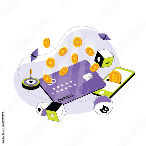 Bitcoin or cryptocurrency trading platform with credit card, goal, and phone mobile. Trade crypto mobile. Coin transaction illustration in modern flat style