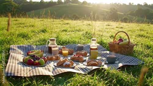 Picnic in a beautiful outdoor setting with various food items