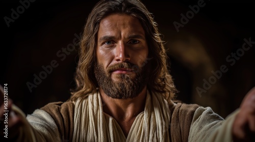 Full-body studio portrait of Jesus Christ in biblical robe with soft lighting and seamless background.