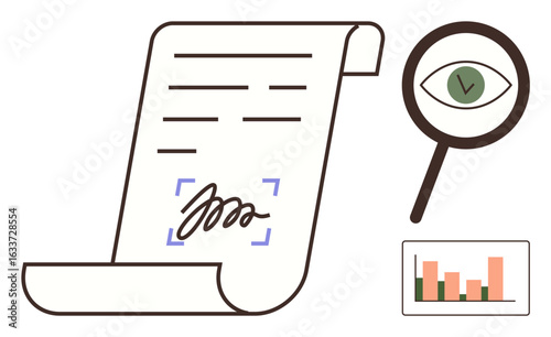 Contract with a digital signature, magnifying glass inspecting with validation checkmark, and bar graph displaying statistics. Ideal for legal processes, analysis, signing, audit, review, approval