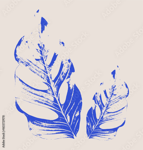 Set of two monstera leaf prints in a blue grunge screen print style. Abstract tropical plant illustration with a distressed, textured effect