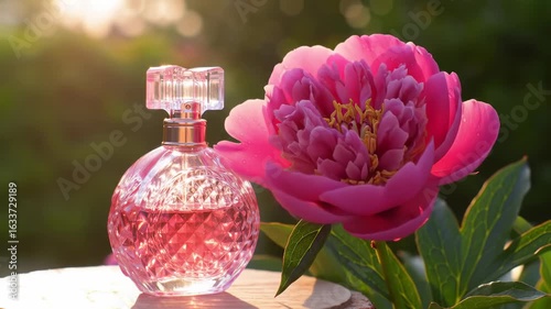 Pink perfume bottle and peony flower outdoors beautiful floral still life