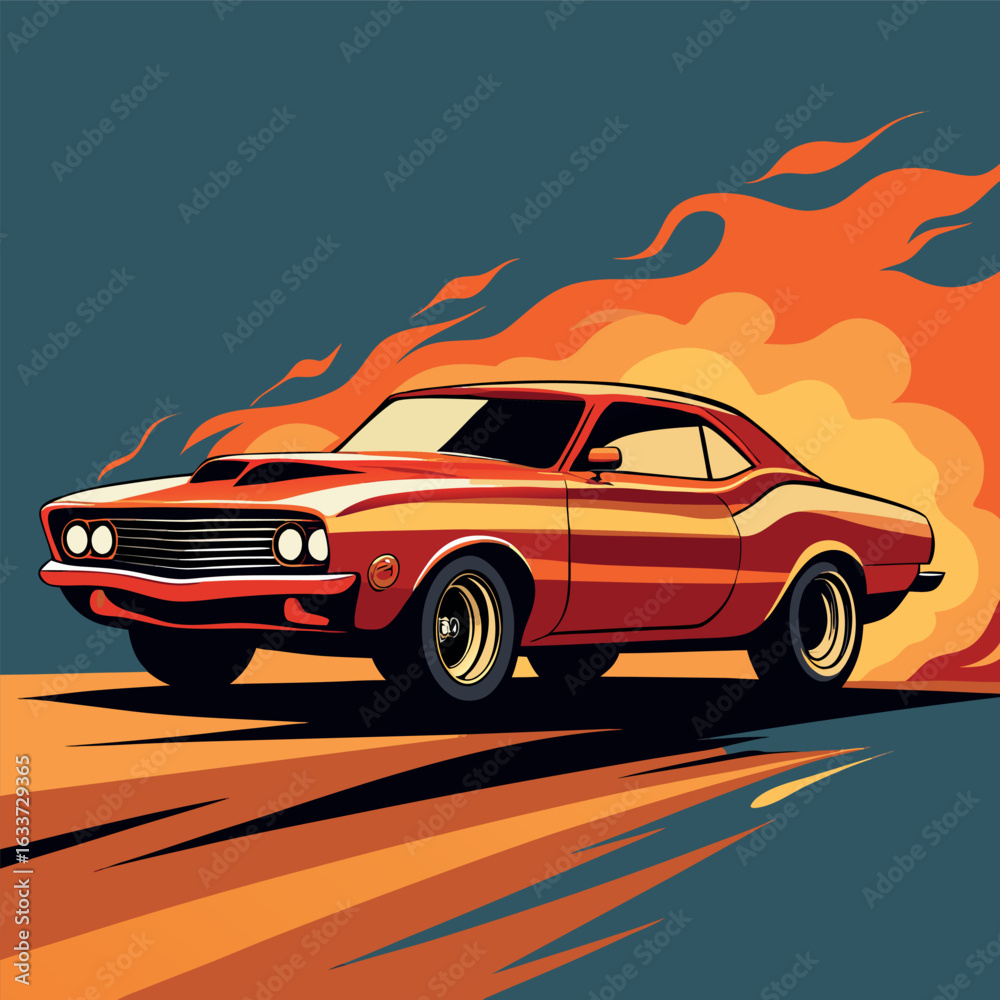 Naklejka premium Classic Muscle Car Burning Rubber 