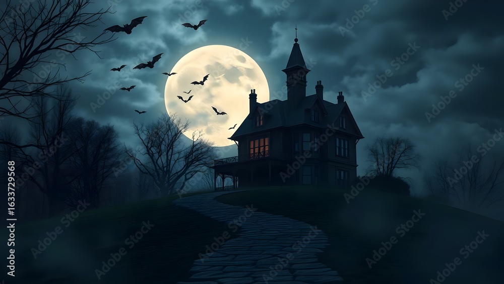Fototapeta premium Eerie Halloween Background with Haunted Victorian House on Hill, Bats, Leafless Trees, Misty Moonlight