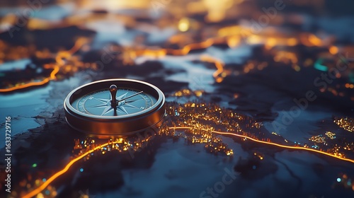 Seeking adventure a golden compass guides explorers through glowing cities on a digital map sharp metallic focus and
