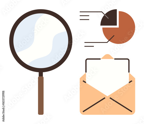 Magnifying glass, pie chart, and open envelope for insights, message delivery, and analysis. Ideal for research, communication, business, education data evaluation organization simple flat