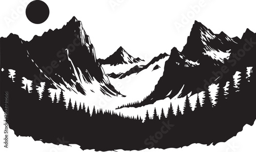 a black and white vector illustration of a mountainous landscape