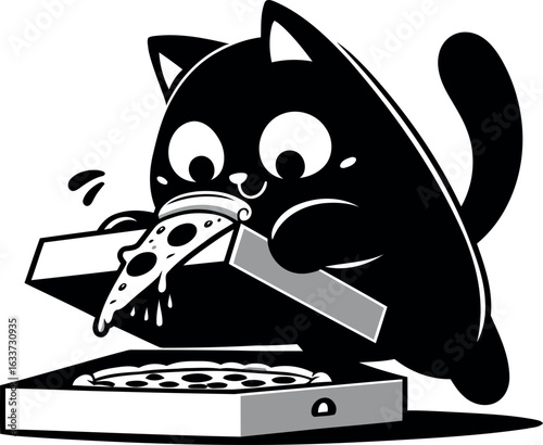 Black cat devouring pizza slice from a box