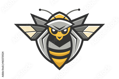 Striking bee mascot flaunts its wings and intense expression, its design imposing