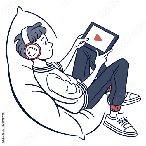 A young man is relaxing in a beanbag chair while watching a video isolated on white background