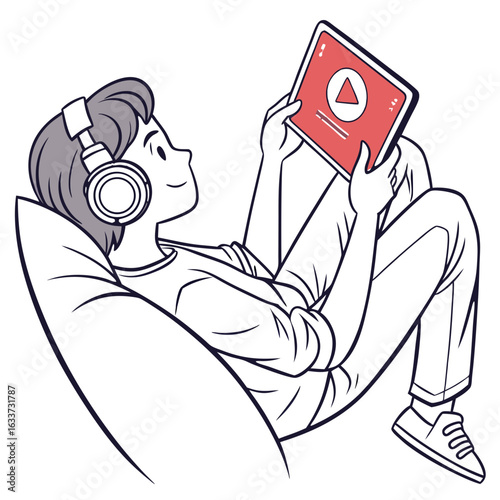 Boy relaxing on a beanbag chair while watching video on tablet isolated on white background