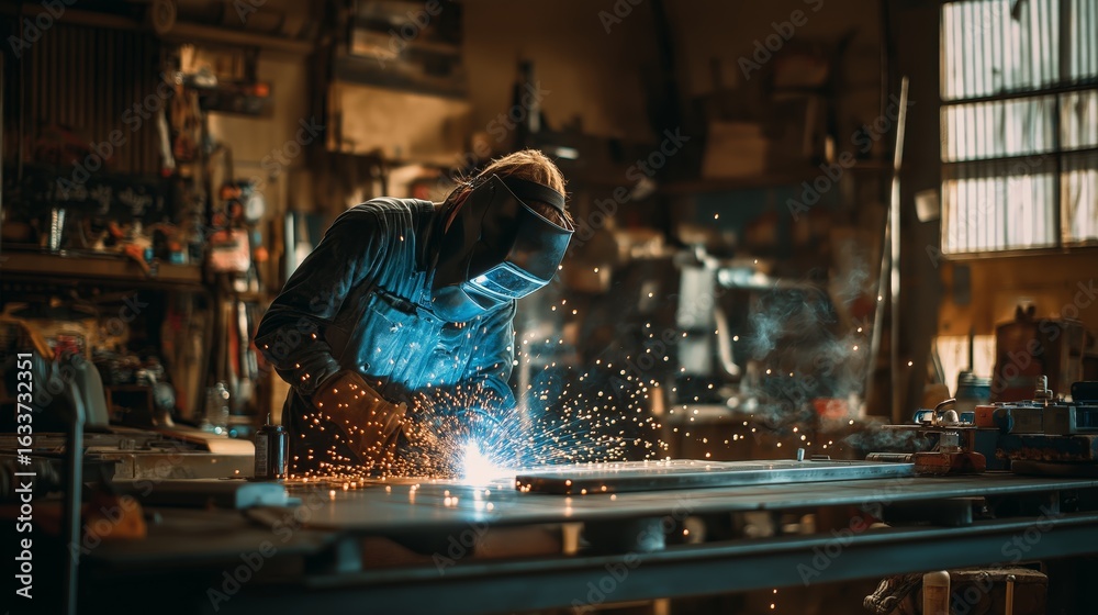 Naklejka premium Industrial Welder Working on Metal Fabrication in Workshop with Protective Gear and Bright Sparks, Skilled Craftsmanship