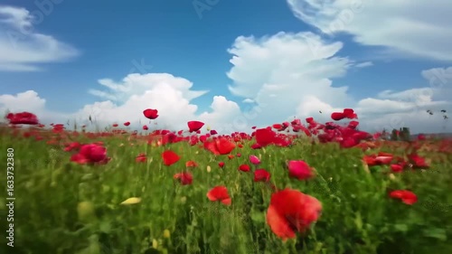 Poppy field in springtime under fluffy clouds beautiful scene
