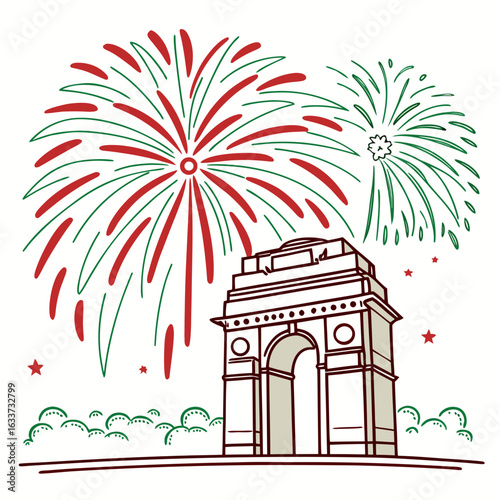 India gate with colorful fireworks isolated on white background for republic day