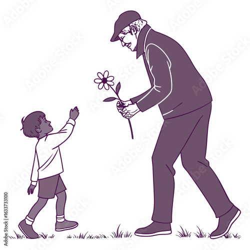 A grandfather gives a flower to his grandson isolated on white background