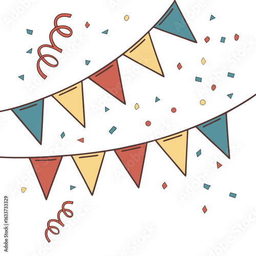 Colorful bunting flags and confetti isolated on white background