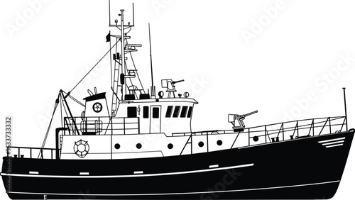 Detailed silhouette of armed patrol boat, navy ship illustration, vector marine vessel, isolated warship image, sea defense transport, military nautical design, tactical ocean ship.

