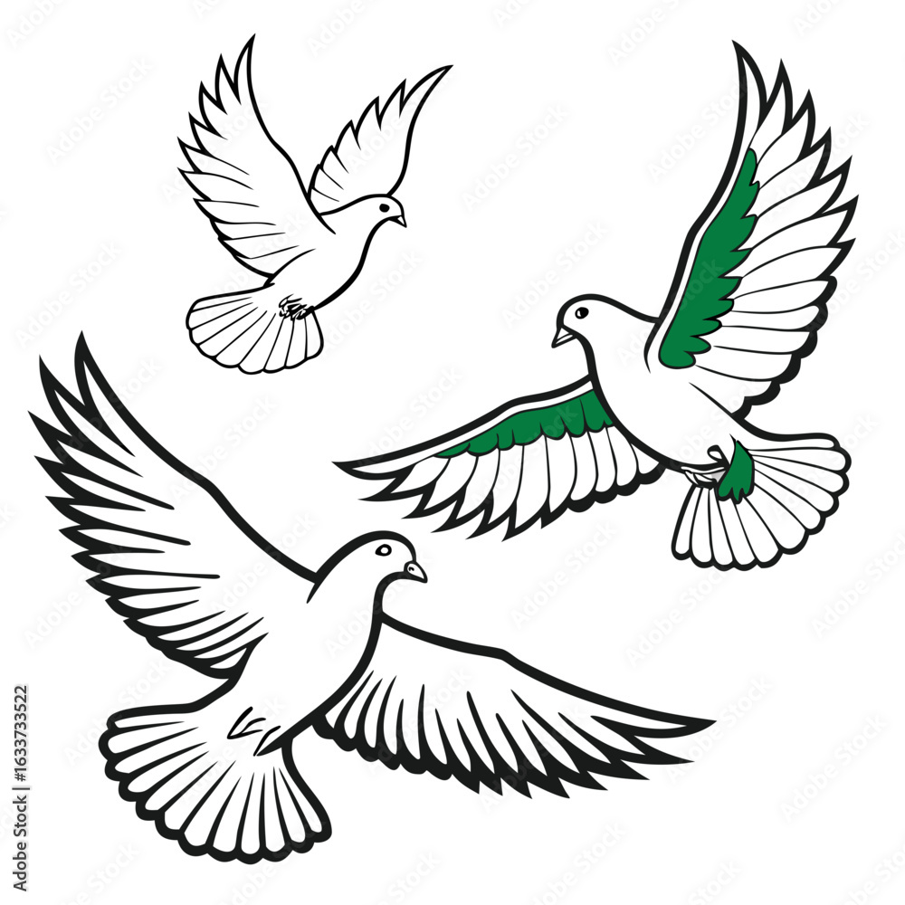 Fototapeta premium Three doves in flight isolated on white background, symbolizing peace and hope