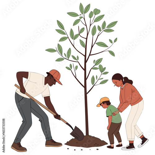 Family planting a tree together to support the environment and growth