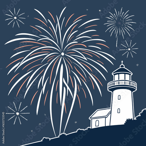 Fireworks display near a lighthouse on the coast at night celebration