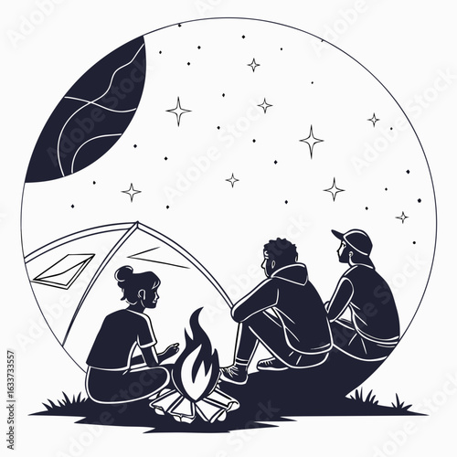Three people are sitting around a campfire under the moon and stars at night