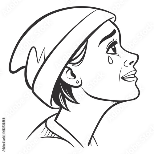Girl with a tear isolated on white background, expressing sadness and contemplation