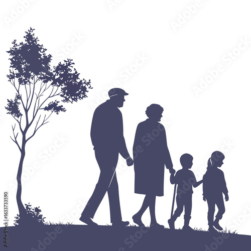 Grandparents walking with their grandchildren isolated on white background