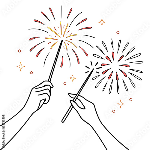 Hands holding sparklers creating fireworks isolated on white background