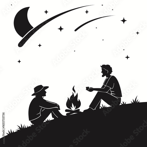 Two men are sitting around a campfire under the moon and stars at night