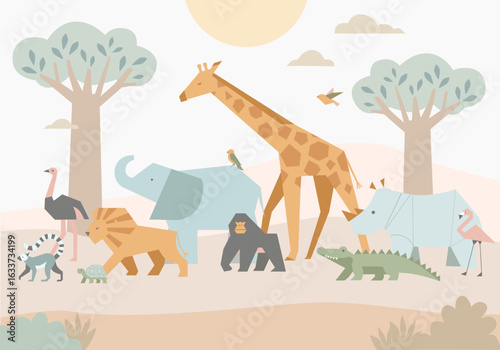 Vector illustration of cute African animals in a flat cartoon style. Includes giraffe, elephant, lion, rhino, crocodile, ostrich, gorilla, lemur, flamingo, turtle, and birds in a tropical savanna