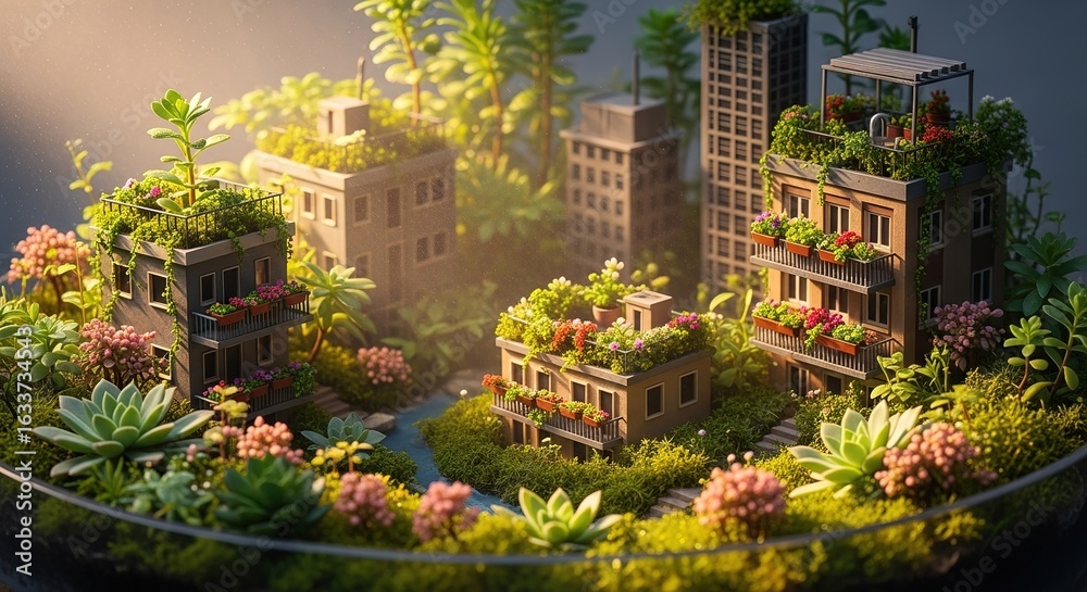 Obraz premium Miniature overgrown city buildings with plants and greenery inside a glass container.