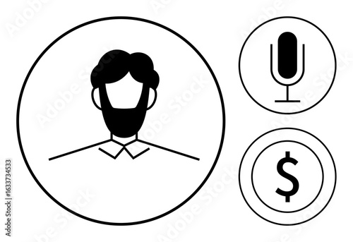 Male avatar in circular outline, microphone, dollar sign in separate circles. Ideal for podcast branding, voice-over services, finance, communication, digital media, freelancing simple landing page
