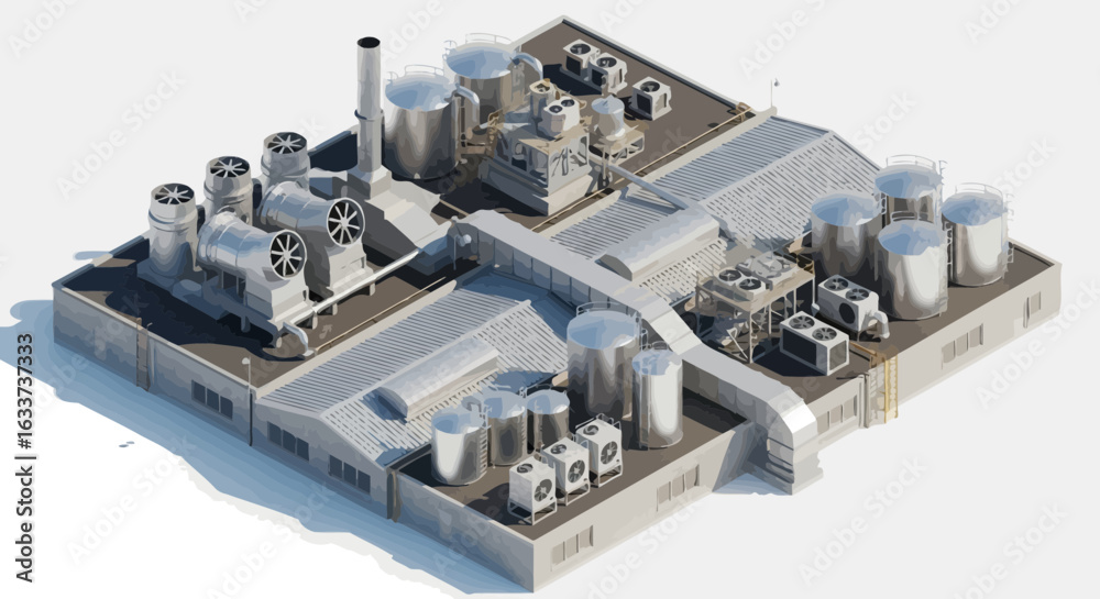 Fototapeta premium Isometric Factory Roof: Top-Down Industrial Ventilation and Tanks
