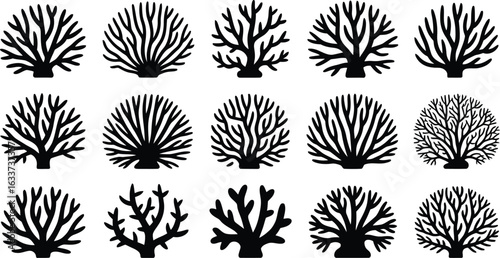 Elegant collection of black coral silhouettes great for coastal designs