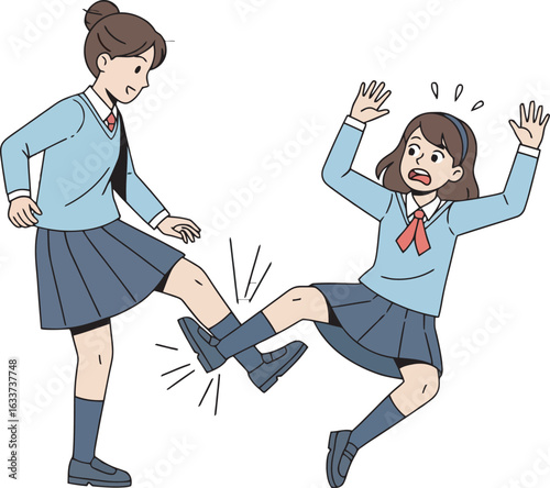 Female student in a blue uniform trips a classmate who falls backward with a shocked expression.