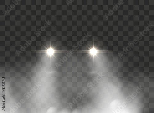 Realistic glowing car headlight shining through night fog isolated on dark background perfect for transport design lighting effects and moody auto illustrations.