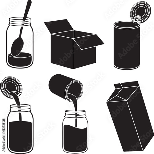 Jar with spoon open can pouring liquid carton vector