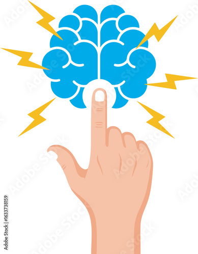Conceptual illustration of a hand touching a blue brain sparking ideas with yellow lightning bolts.