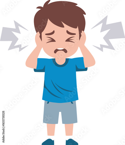 Distressed cartoon boy with brown hair covering his ears from a loud unpleasant noise.