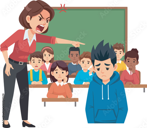 Furious teacher shouting and pointing at a sad shamed student in front of the class.