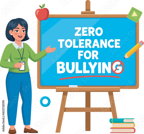 Cartoon teacher presenting a Zero Tolerance for Bullying message on a blue chalkboard with an apple and books.
