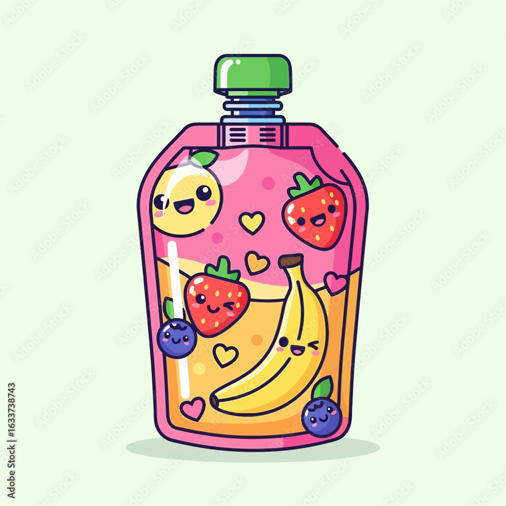 Obraz premium Cute smoothie pouch with happy fruit characters